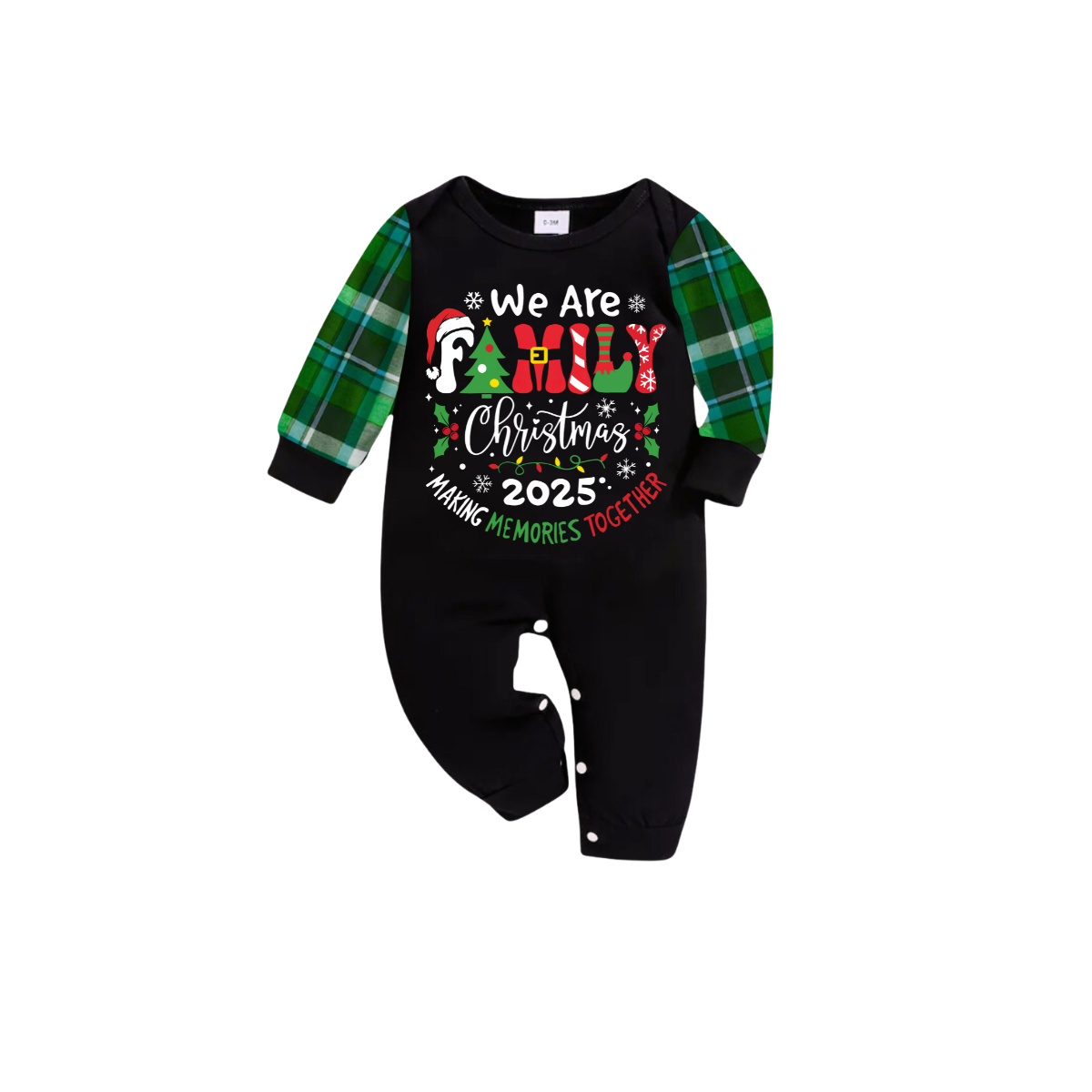 We Are Family Christmas 2025 Making Memories Family Pajamas Set - Black Top, Dark Green Pants, Dark Green Plaid Sleeves