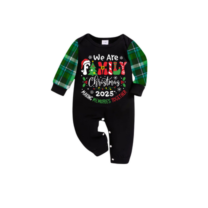We Are Family Christmas 2025 Making Memories Family Pajamas Set - Black Top, Dark Green Pants, Dark Green Plaid Sleeves