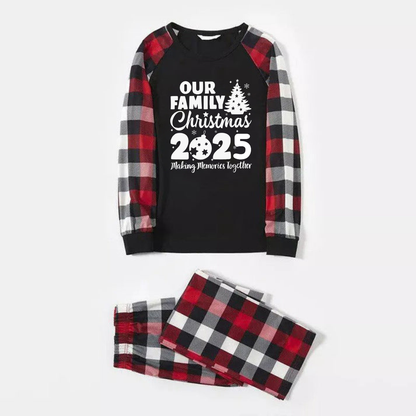 Christmas Tree & "2025 Making Memories Together" Patterned Plaid Sleeve Contrast Tops and Red & Black & White Plaid Pants Family Matching Pajamas Set With Dog Bandana