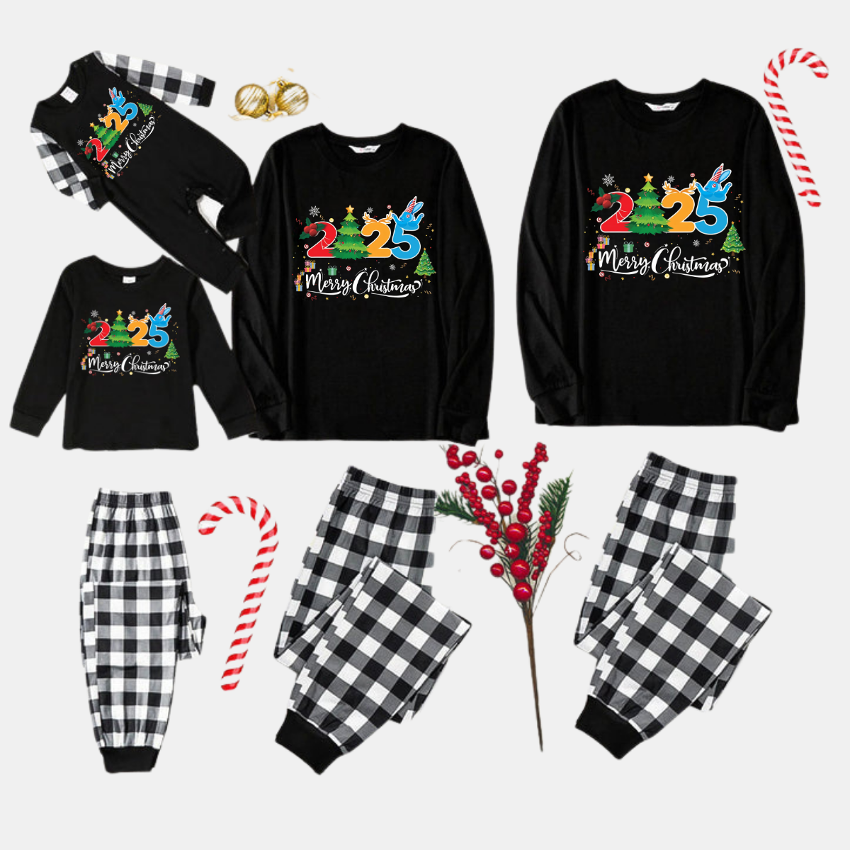 Black and White Plaid Christmas Pajamas Set With "2025 Merry Christmas" Text Print