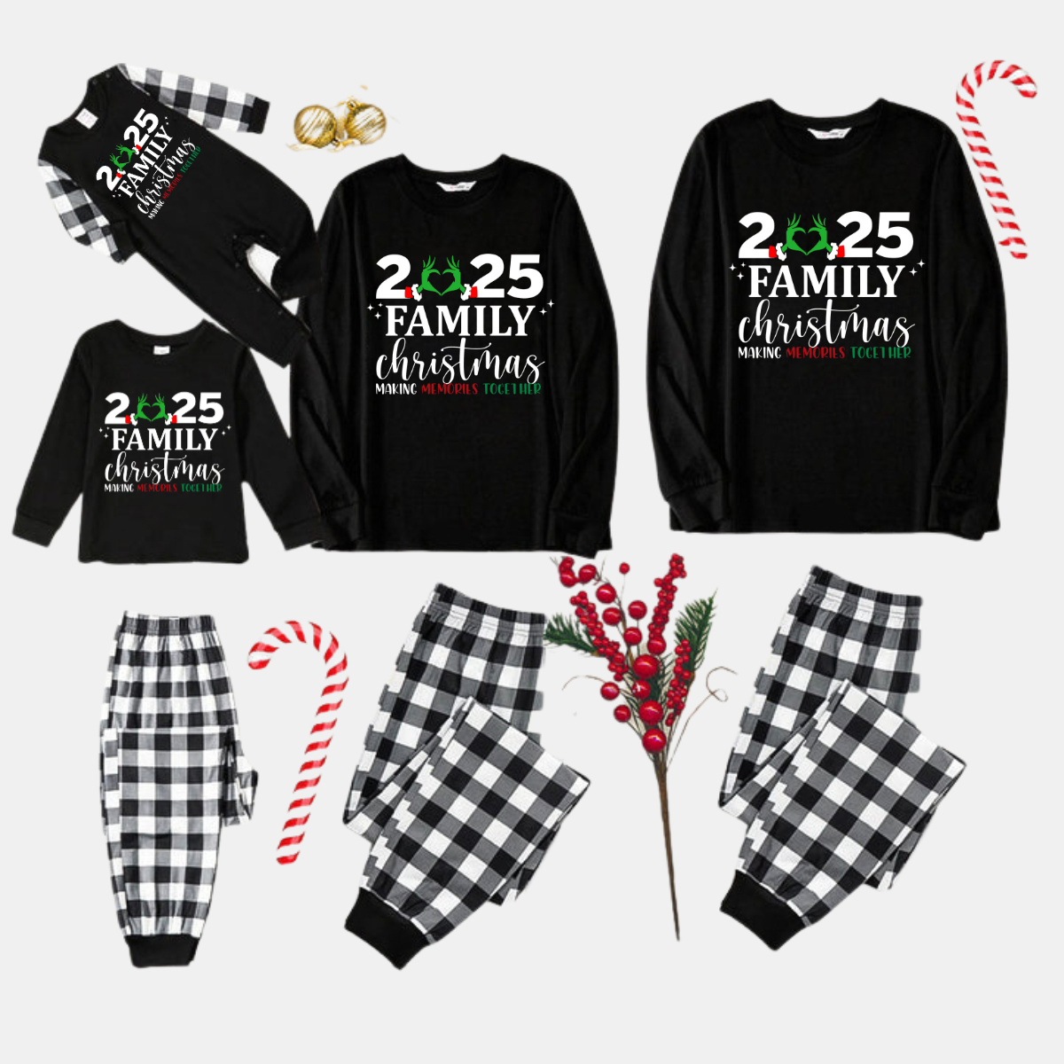 "2025 Family Christmas" Quirky Heart Letter Print Black Long Sleeve Top with Black And White Plaid Pants Family Matching Pajamas
