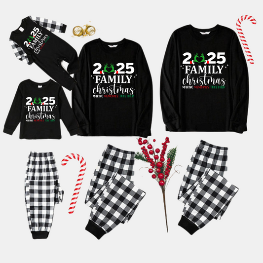 "2025 Family Christmas" Quirky Heart Letter Print Black Long Sleeve Top with Black And White Plaid Pants Family Matching Pajamas