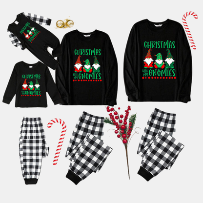 Black and White Plaid Christmas Pajamas Set With "Christmas With My Gnomies" Text Print