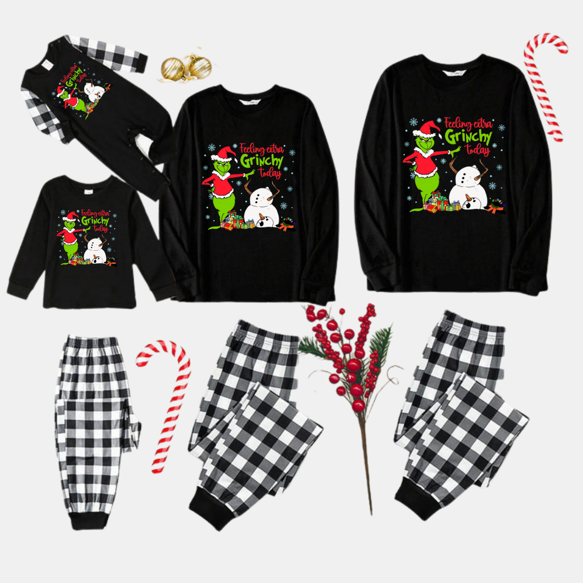 Black and White Plaid Christmas Pajamas Set With Grinch and Snowman Print
