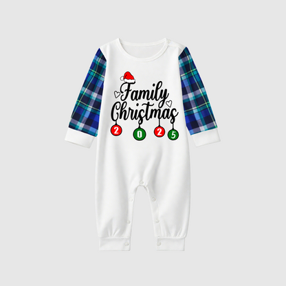 Christmas Family Matching Family Pajamas Set - White Top, Blue Pants, Blue Plaid