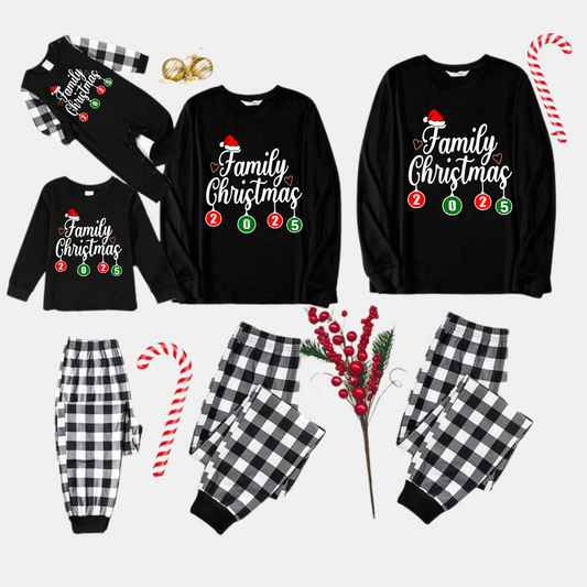 "Family Christmas" 2025 Black Long Sleeve Top with Black And White Plaid Pants Family Matching Pajamas