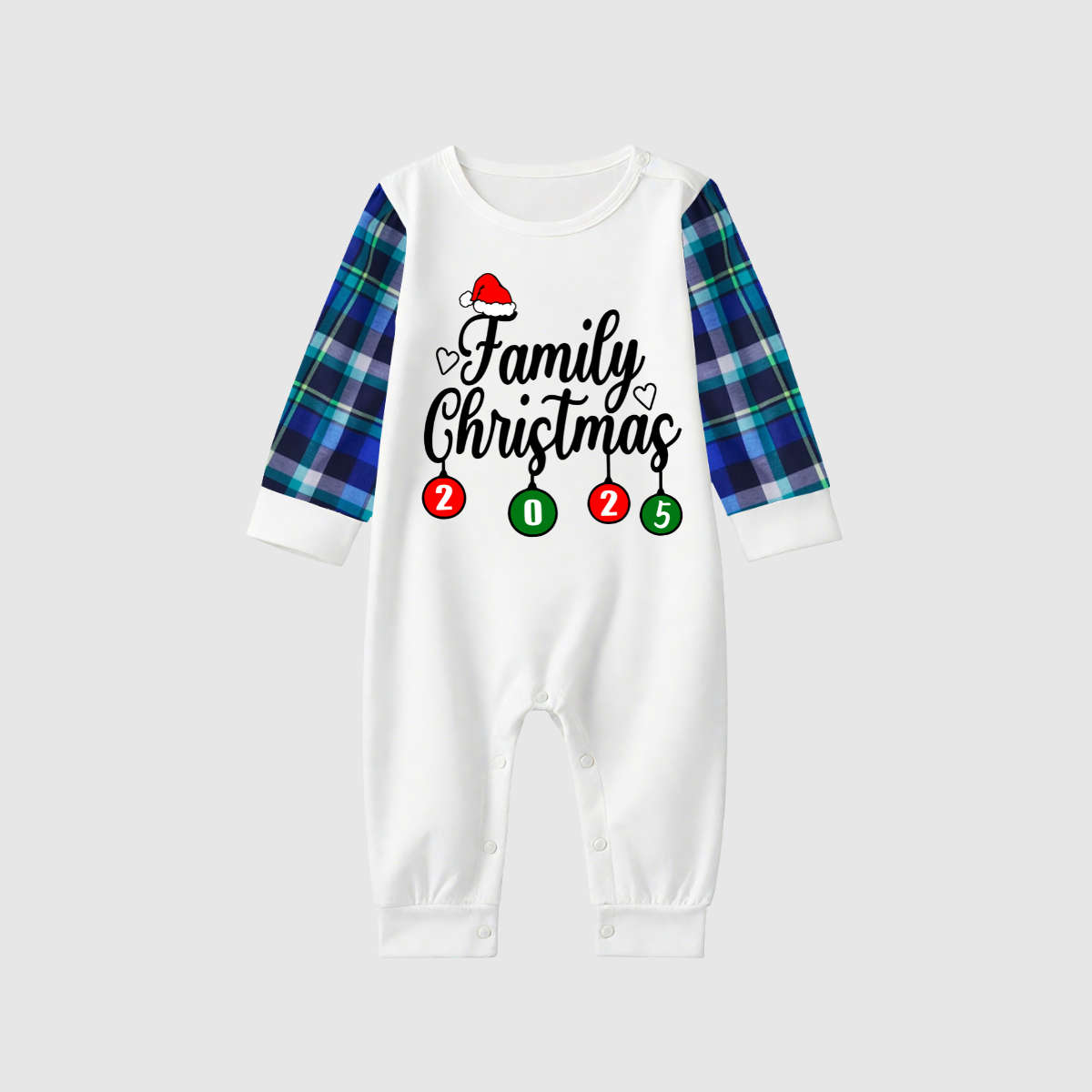 Christmas Family Matching Family Pajamas Set - White Top, Blue Pants, Blue Plaid