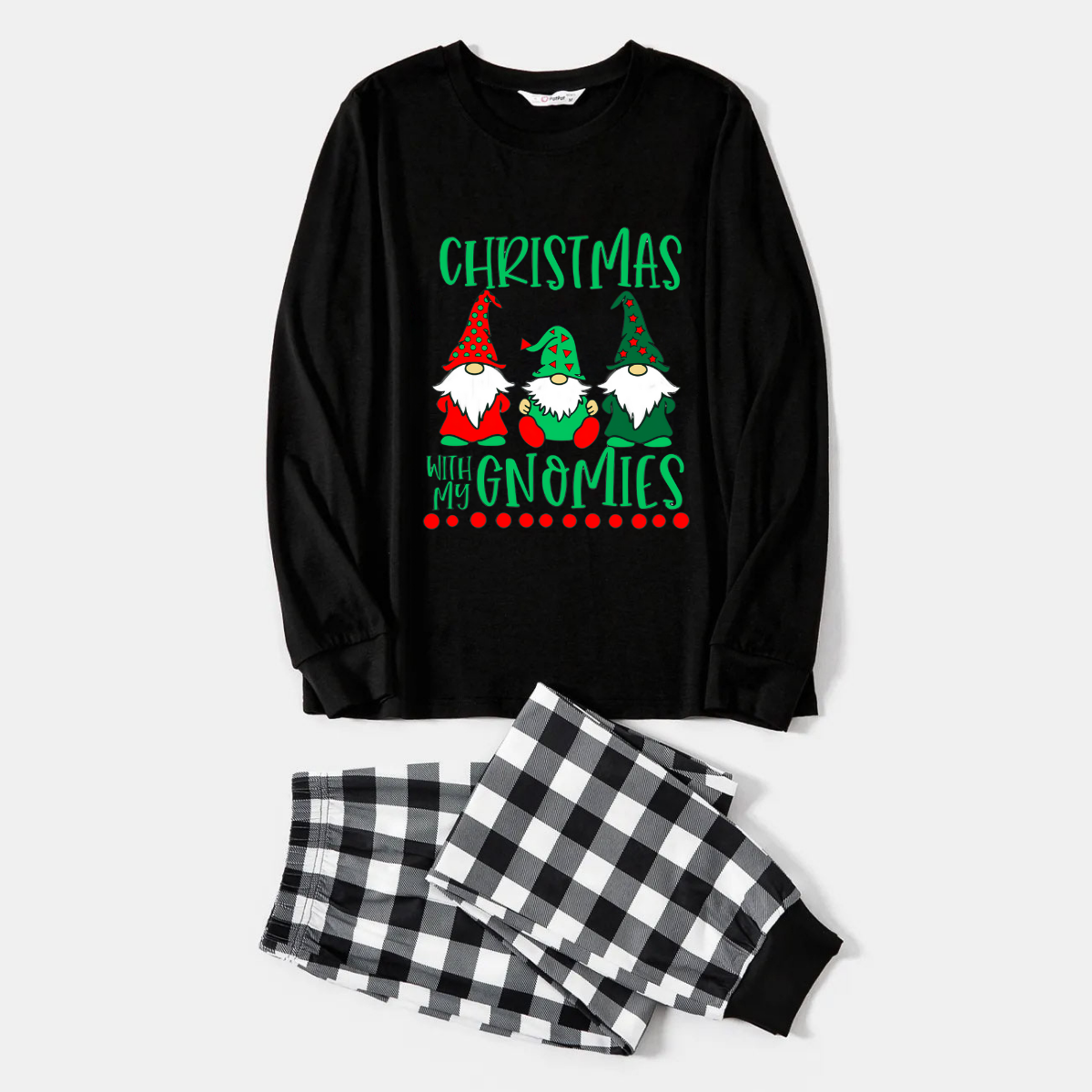 Black and White Plaid Christmas Pajamas Set With "Christmas With My Gnomies" Text Print