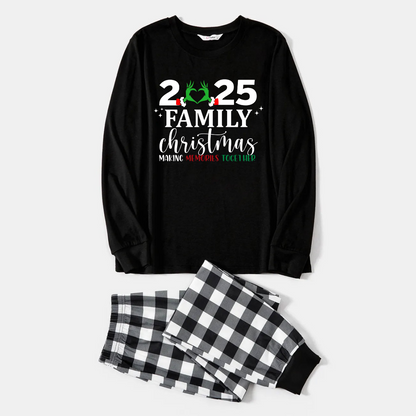 "2025 Family Christmas" Quirky Heart Letter Print Black Long Sleeve Top with Black And White Plaid Pants Family Matching Pajamas