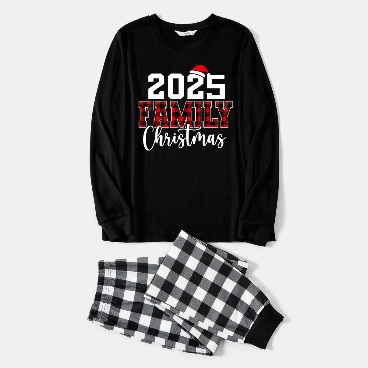 2025 Family Christmas Text Print Black Long Sleeve Top with Black And White Plaid Pants Family Matching Pajamas