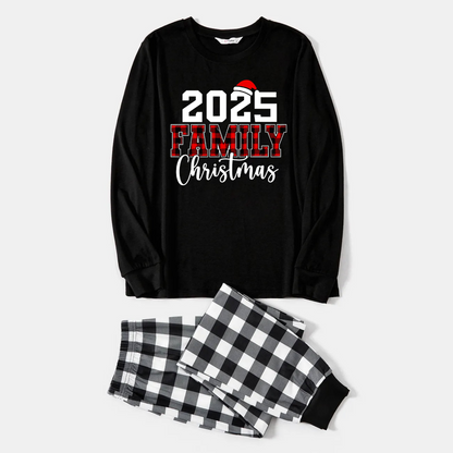 2025 Family Christmas Text Print Black Long Sleeve Top with Black And White Plaid Pants Family Matching Pajamas