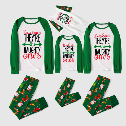 Dear Santa Naughty Ones Family Pajamas Set - White Top, Green Christmas Pattern Pants, Green Sleeves