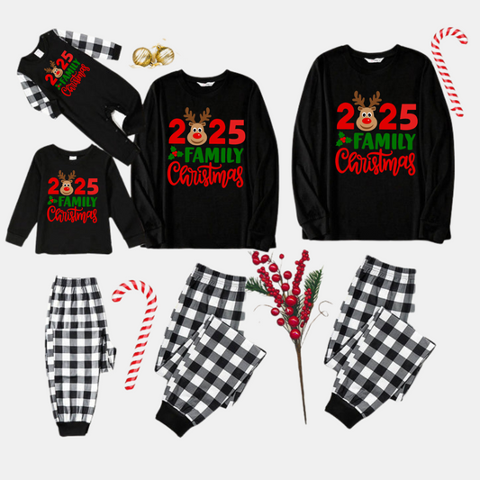 "2025 Family Christmas" Moose Letter Print Black Long Sleeve Top with Black And White Plaid Pants Family Matching Pajamas