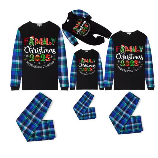 Family Christmas 2025 Making Memories Family Pajamas Set - Black Top, Blue Pants, Blue-Green Plaid Sleeves