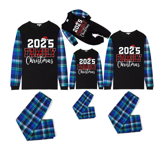 2025 Family Christmas Family Pajamas Set - Black Top, Blue Pants, Blue-Green Plaid Sleeves, Letter Print