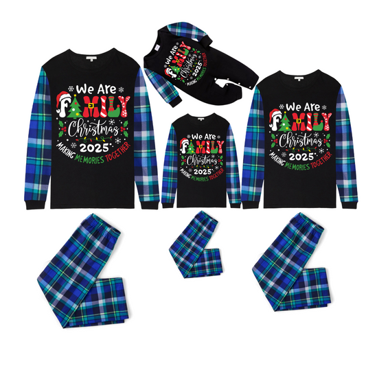 We Are Family Christmas 2025 Making Memories Family Pajamas Set - Black Top, Blue Pants, Blue-Green Plaid Sleeves