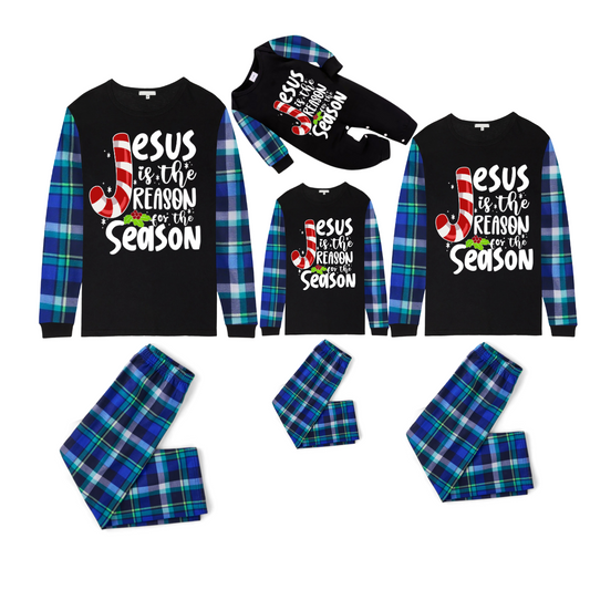 Jesus is the Reason Blue Plaid Christmas Pajama Set with Festive Candy Cane Sleeves