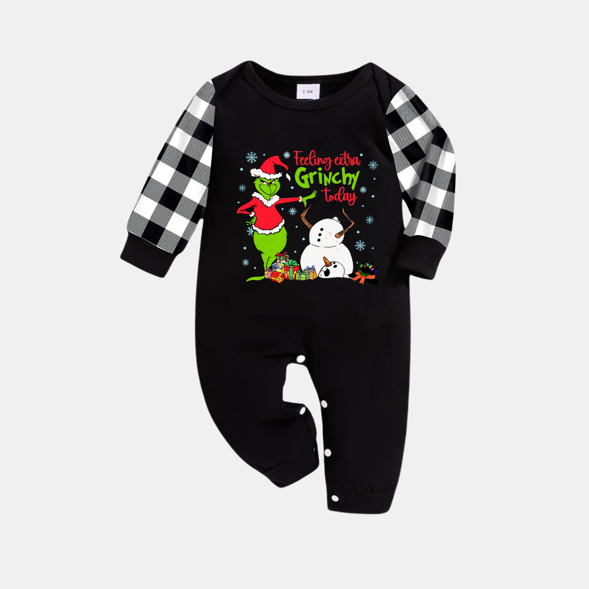 Black and White Plaid Christmas Pajamas Set With Grinch and Snowman Print
