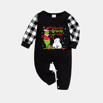 Black and White Plaid Christmas Pajamas Set With Grinch and Snowman Print