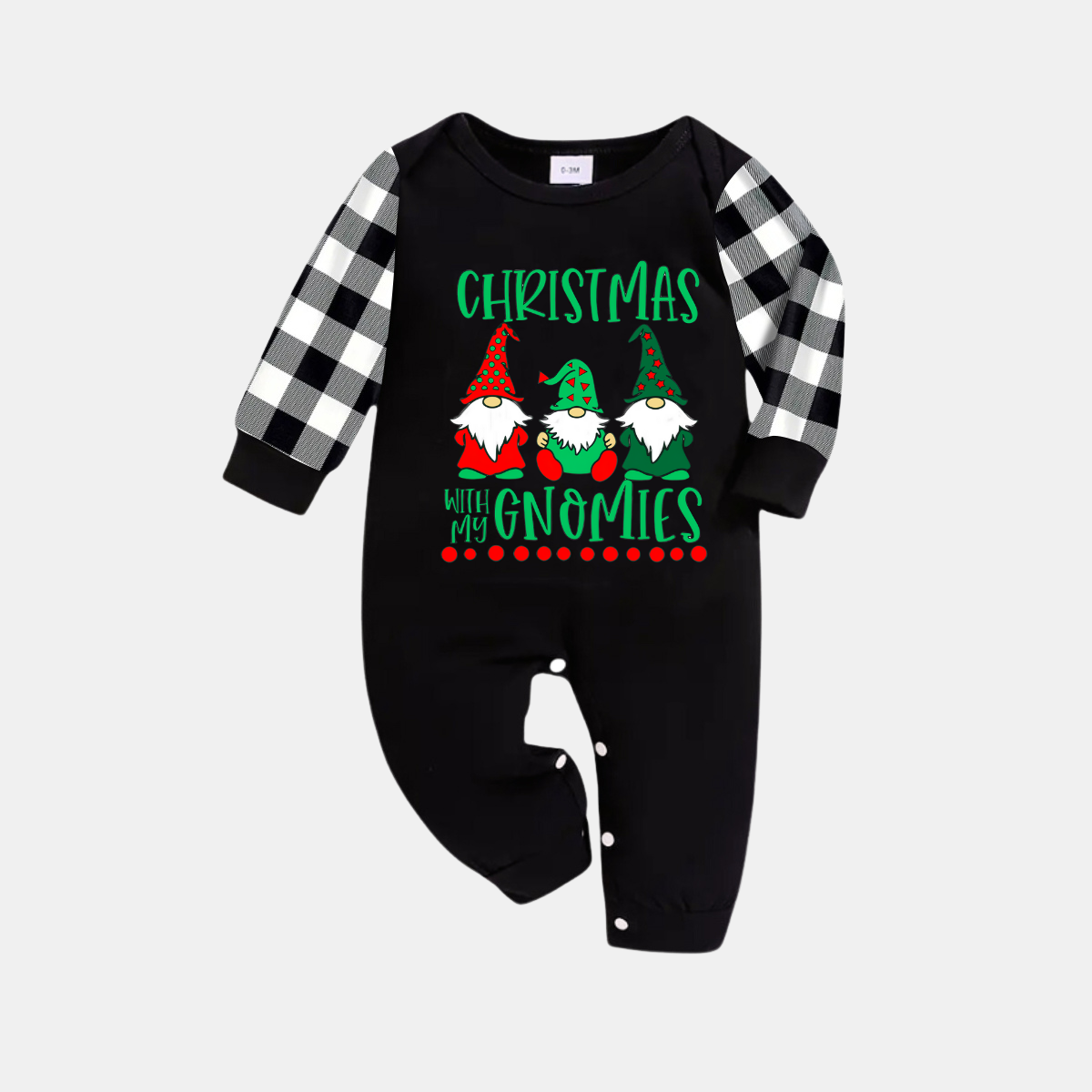Black and White Plaid Christmas Pajamas Set With "Christmas With My Gnomies" Text Print