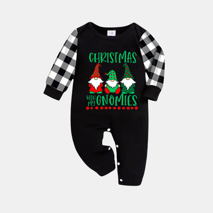 Black and White Plaid Christmas Pajamas Set With "Christmas With My Gnomies" Text Print