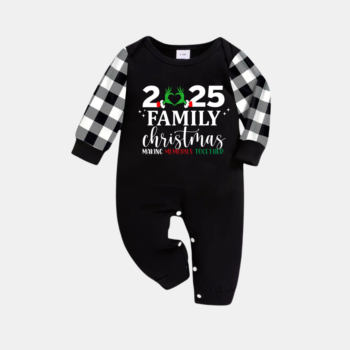 "2025 Family Christmas" Quirky Heart Letter Print Black Long Sleeve Top with Black And White Plaid Pants Family Matching Pajamas
