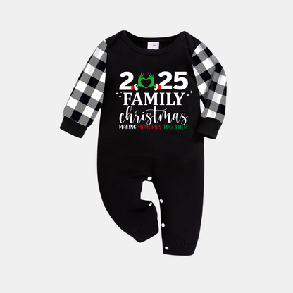 "2025 Family Christmas" Quirky Heart Letter Print Black Long Sleeve Top with Black And White Plaid Pants Family Matching Pajamas