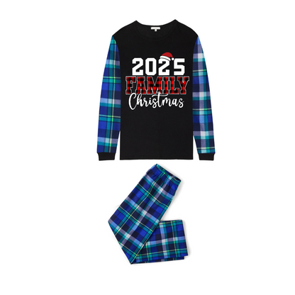 2025 Family Christmas Family Pajamas Set - Black Top, Blue Pants, Blue-Green Plaid Sleeves, Letter Print