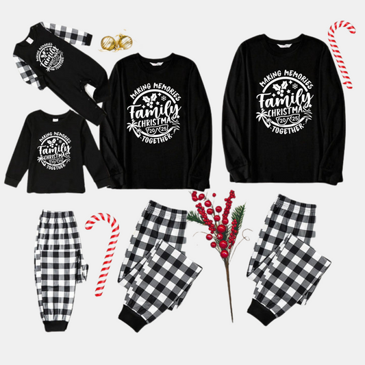 Christmas Make Memories Together 2025 Print Black Long Sleeve Top with Black And White Plaid Pants Family Matching Pajamas