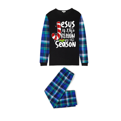 Jesus is the Reason Blue Plaid Christmas Pajama Set with Festive Candy Cane Sleeves