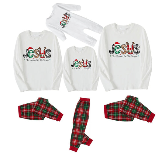 "Jesus" and Christmas Pattern Printed Red and Green Plaid Christmas Pajama Set