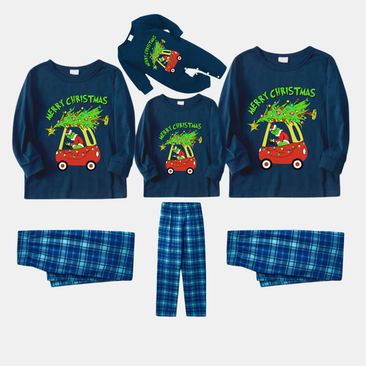 Navy & Sky Blue Plaid Christmas Pajamas Set With Grinch and Christmas Tree Print