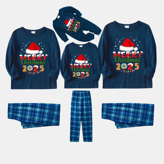 Navy & Sky Blue Plaid Christmas Pajamas Set With Santa Hat and "Merry Christmas 2025" Text Print