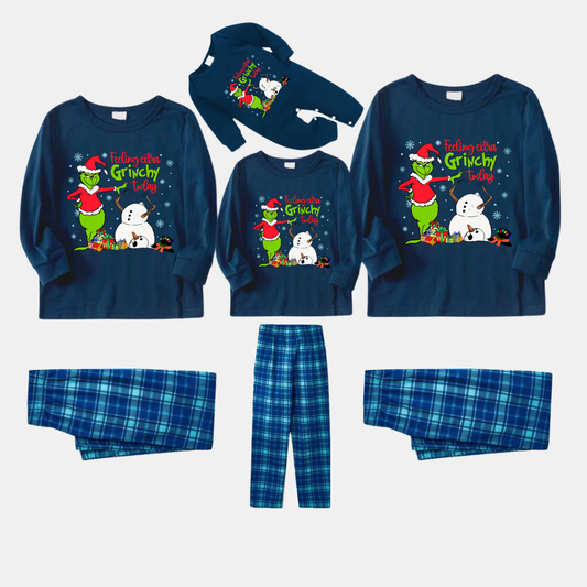 Navy & Sky Blue Plaid Christmas Pajamas Set With Grinch and Snowman Print