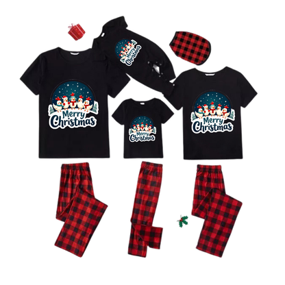 Red and Black Plaid Short Sleeve Christmas Pajamas Set With Happy Chickens and "Merry Christmas" Text Print