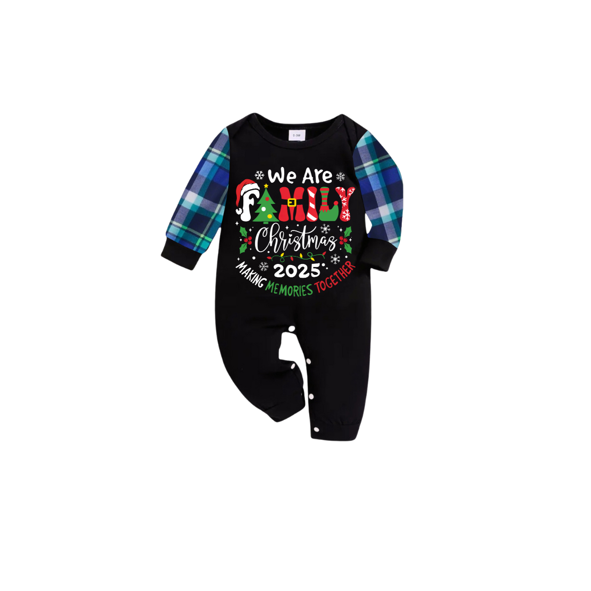 We Are Family Christmas 2025 Making Memories Family Pajamas Set - Black Top, Blue Pants, Blue-Green Plaid Sleeves