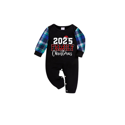 2025 Family Christmas Family Pajamas Set - Black Top, Blue Pants, Blue-Green Plaid Sleeves, Letter Print