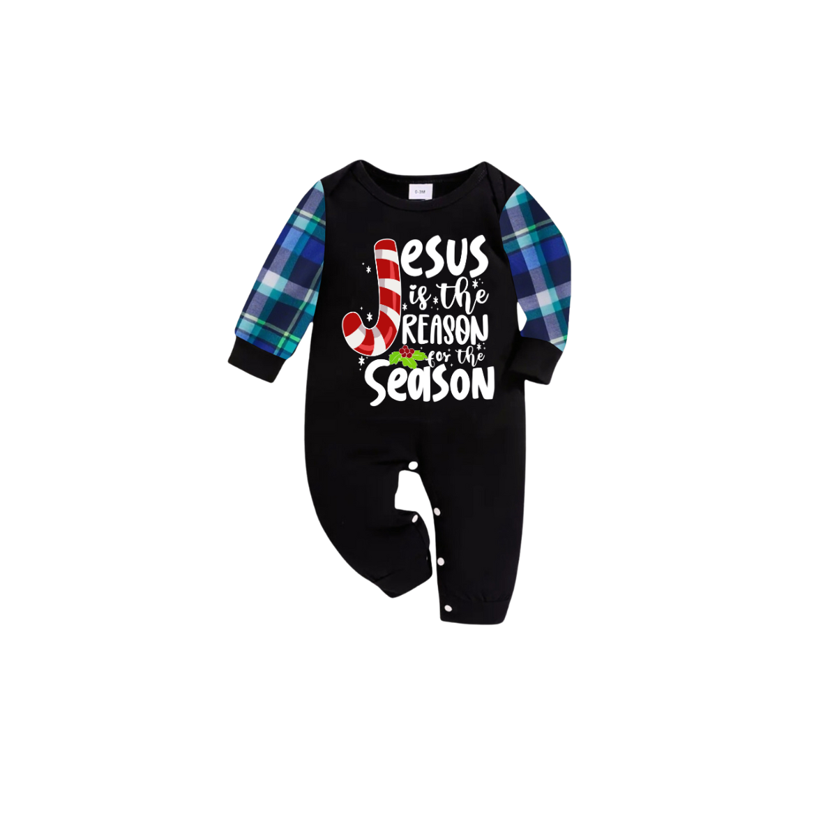 Jesus is the Reason Blue Plaid Christmas Pajama Set with Festive Candy Cane Sleeves
