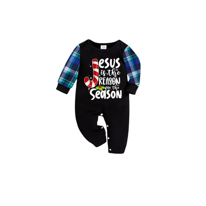 Jesus is the Reason Blue Plaid Christmas Pajama Set with Festive Candy Cane Sleeves