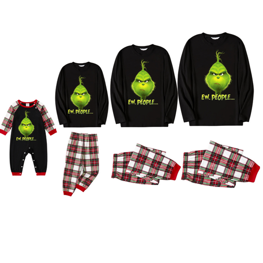 Christmas Cartoon Pattern Print Black Long Sleeve Top with Red & White & Green Plaid Matching Family Pajamas