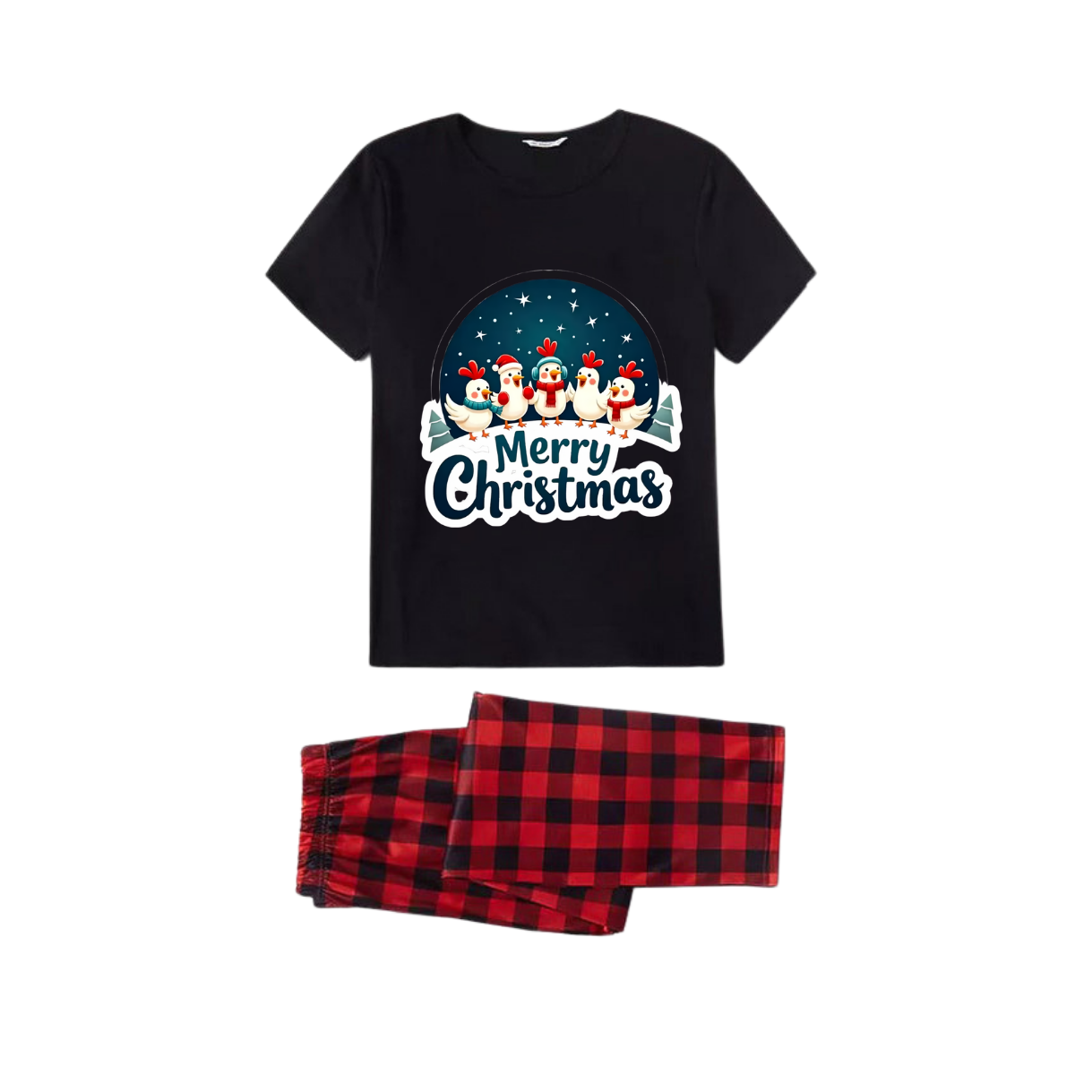 Red and Black Plaid Short Sleeve Christmas Pajamas Set With Happy Chickens and "Merry Christmas" Text Print
