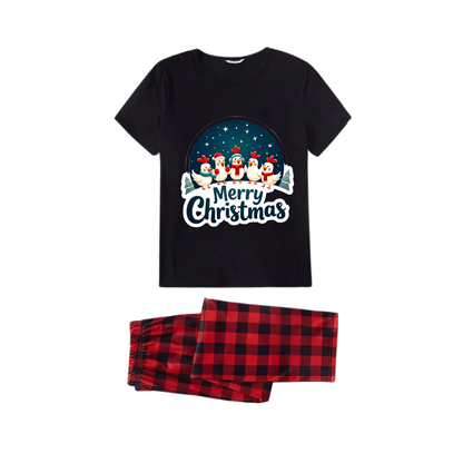 Red and Black Plaid Short Sleeve Christmas Pajamas Set With Happy Chickens and "Merry Christmas" Text Print