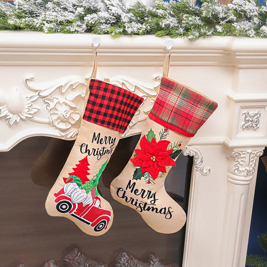 Merry Christmas Car/Flowers Red and Black Plaid Christmas Socks Gift Bag