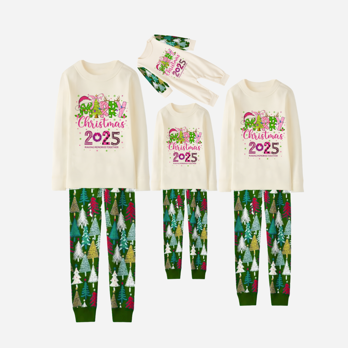 Merry Christmas 2025 Family Christmas Pajamas Set - White Top with Christmas Tree Printed Pants