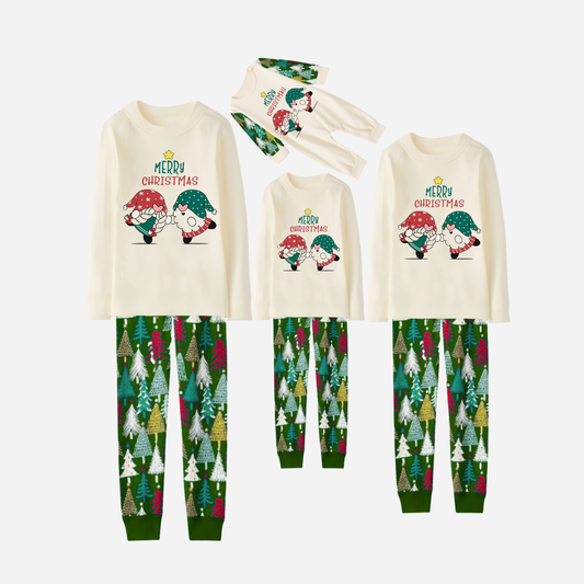 Family Christmas Pajamas Set With Gnome and Merry Christmas Text Print