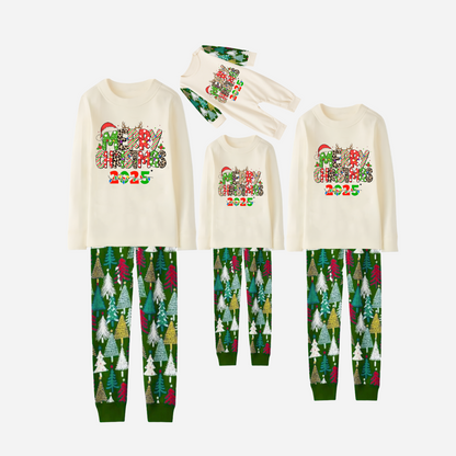 Merry Christmas 2025 Family Christmas Pajamas Set - White Top with Christmas Tree Printed Pants