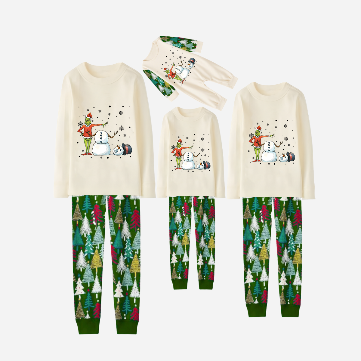 Family Christmas Pajamas Set With Snowman and Christmas Grinch Print