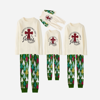 My Favorite Christmas Light Is Jesus Family Christmas Pajamas Set - White Top with Christmas Tree Printed Pants