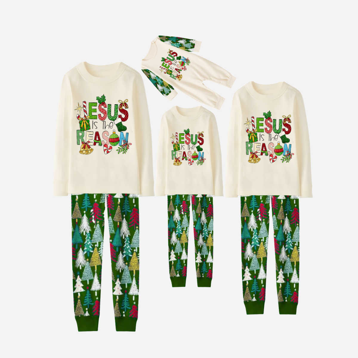 Christmas Cartoon Family Christmas Pajamas Set - Cream Top with Multicolor Christmas Tree Pants and “Jesus is the Reason” Design