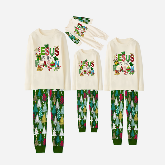 Christmas Cartoon Family Christmas Pajamas Set - Cream Top with Multicolor Christmas Tree Pants and “Jesus is the Reason” Design